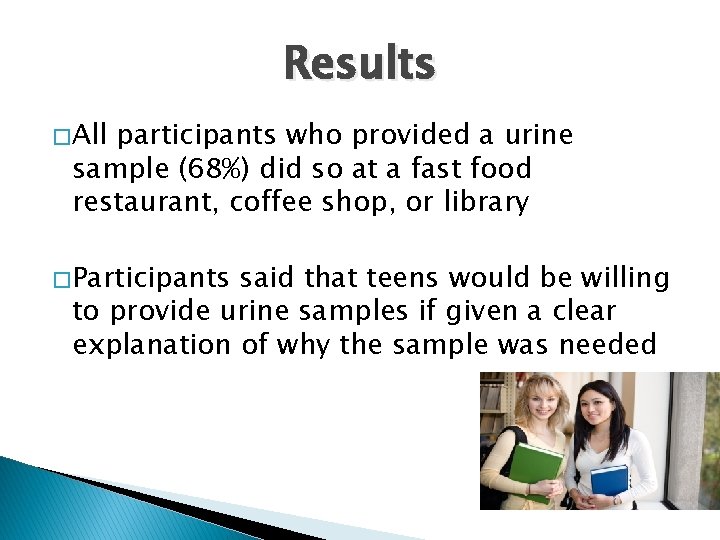 Results � All participants who provided a urine sample (68%) did so at a