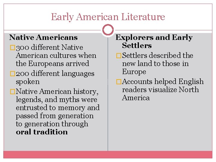 Early American Literature Native Americans � 300 different Native American cultures when the Europeans