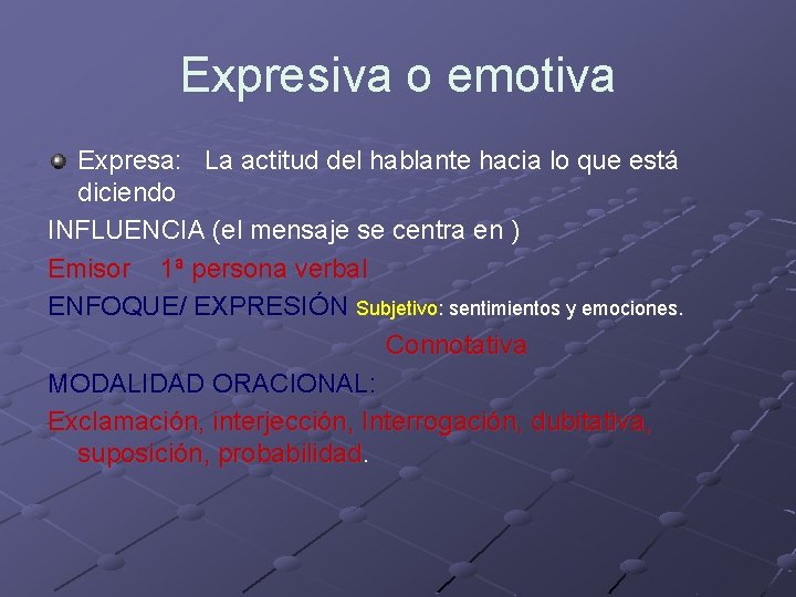 Expresiva o emotiva Expresa: La actitud del hablante hacia lo que está diciendo INFLUENCIA Expresiva o emotiva Expresa: La actitud del hablante hacia lo que está diciendo INFLUENCIA