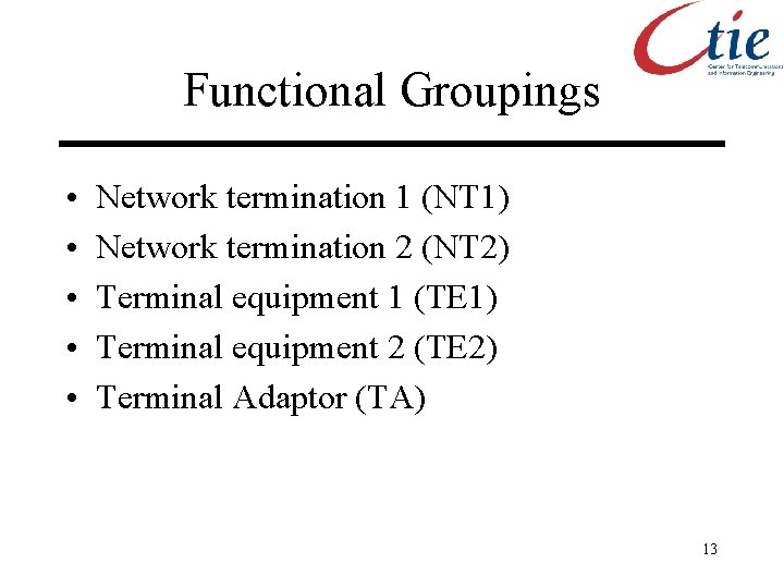Functional Groupings • • • Network termination 1 (NT 1) Network termination 2 (NT