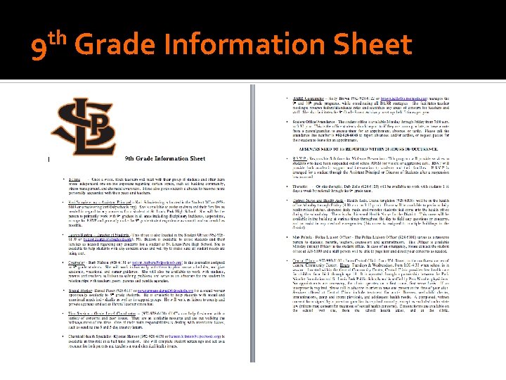 th 9 Grade Information Sheet th 9 Grade Information Sheet