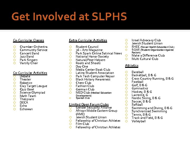 Get Involved at SLPHS Co-Curricular Classes Chamber Orchestra Community Service Concert Band Jazz Band Get Involved at SLPHS Co-Curricular Classes Chamber Orchestra Community Service Concert Band Jazz Band