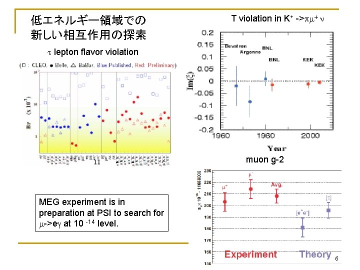 低エネルギー領域での 新しい相互作用の探索 T violation in K+ ->pm+ n t lepton flavor violation muon g-2