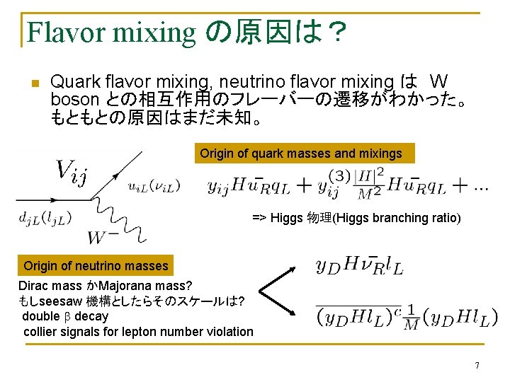 Flavor mixing の原因は？ n Quark flavor mixing, neutrino flavor mixing は W boson との相互作用のフレーバーの遷移がわかった。