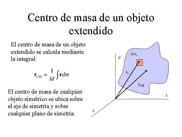 Centro de masa de un objeto extendido El centro de masa de un objeto