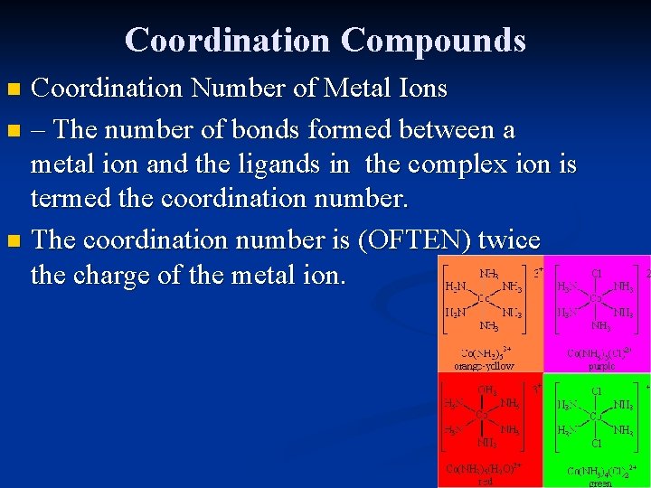 Coordination Compounds Coordination Number of Metal Ions n – The number of bonds formed
