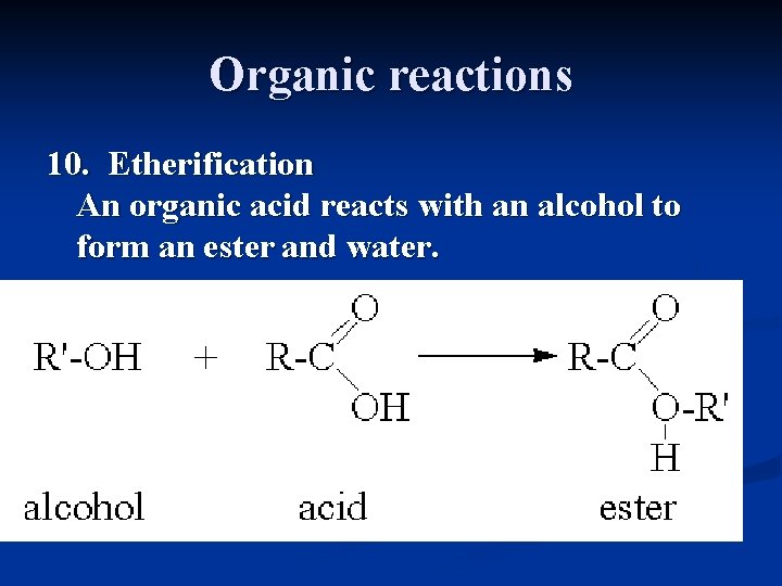 Organic reactions 10. Etherification An organic acid reacts with an alcohol to form an