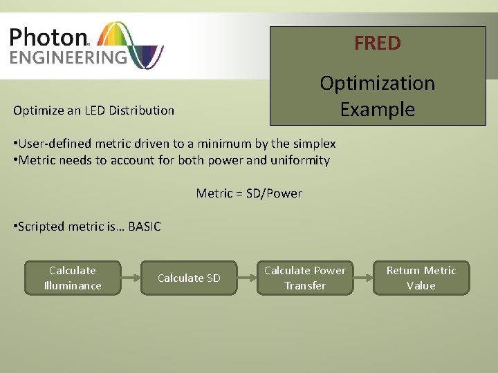 FRED Optimization Example Optimize an LED Distribution • User-defined metric driven to a minimum FRED Optimization Example Optimize an LED Distribution • User-defined metric driven to a minimum