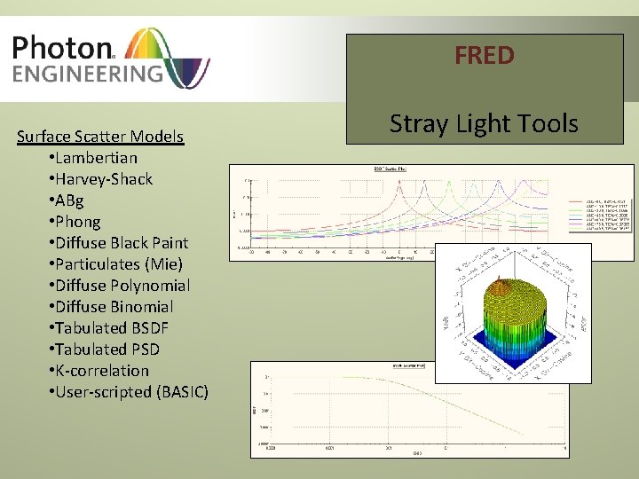 FRED Surface Scatter Models • Lambertian • Harvey-Shack • ABg • Phong • Diffuse FRED Surface Scatter Models • Lambertian • Harvey-Shack • ABg • Phong • Diffuse