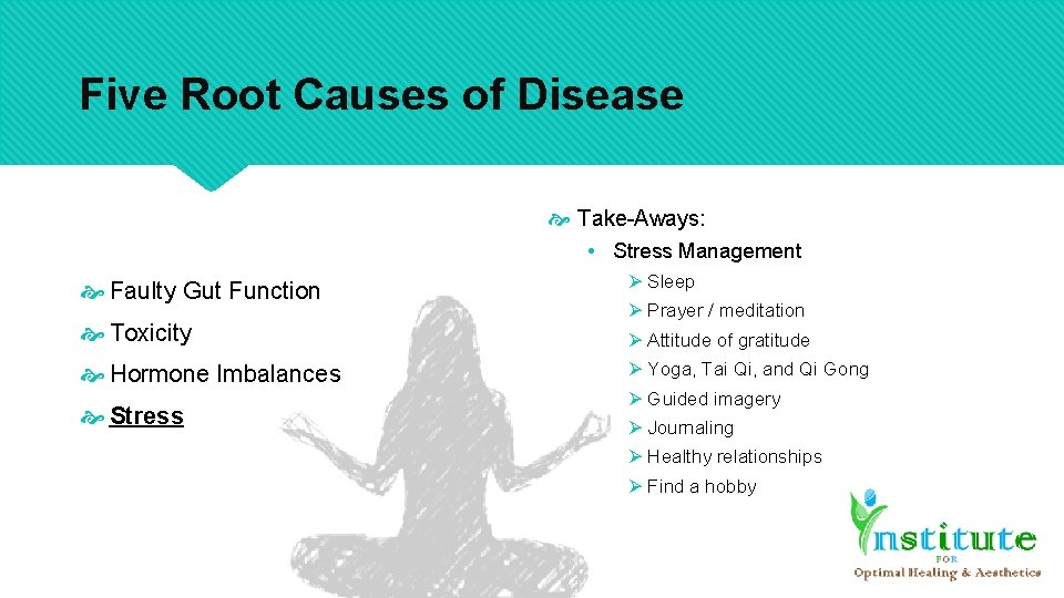 Five Root Causes of Disease Take-Aways: • Stress Management Faulty Gut Function Ø Sleep