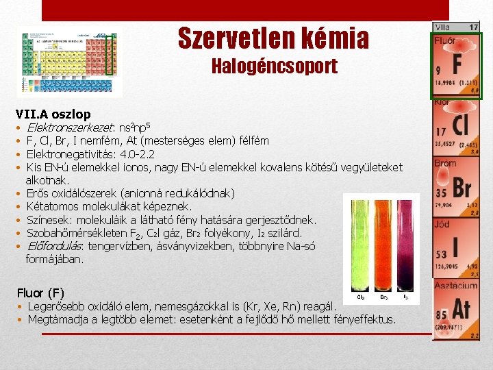 Szervetlen kémia Halogéncsoport VII. A oszlop • • • Elektronszerkezet: ns 2 np 5