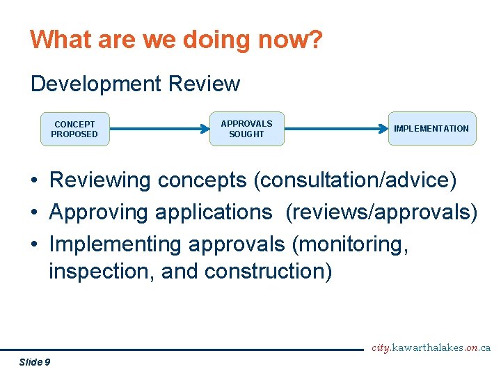 What are we doing now? Development Review CONCEPT PROPOSED APPROVALS SOUGHT IMPLEMENTATION • Reviewing