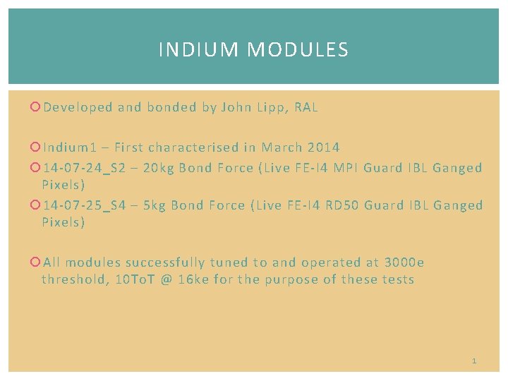 INDIUM MODULES Developed and bonded by John Lipp, RAL Indium 1 – First characterised