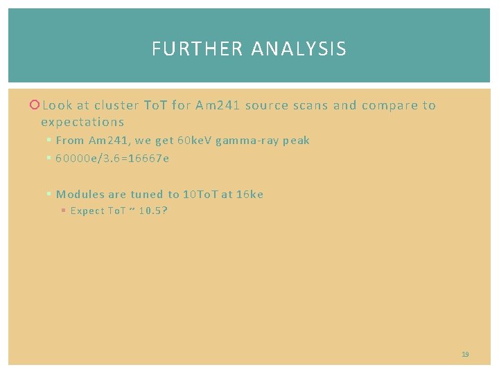 FURTHER ANALYSIS Look at cluster To. T for Am 241 source scans and compare