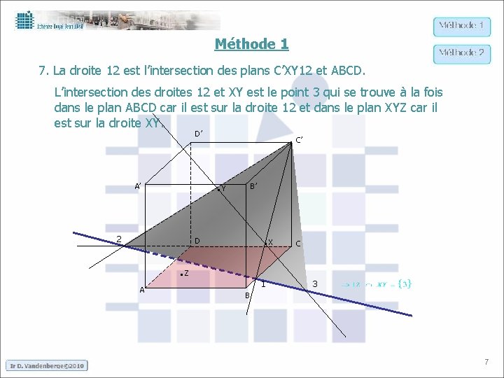 Méthode 1 7. La droite 12 est l’intersection des plans C’XY 12 et ABCD.