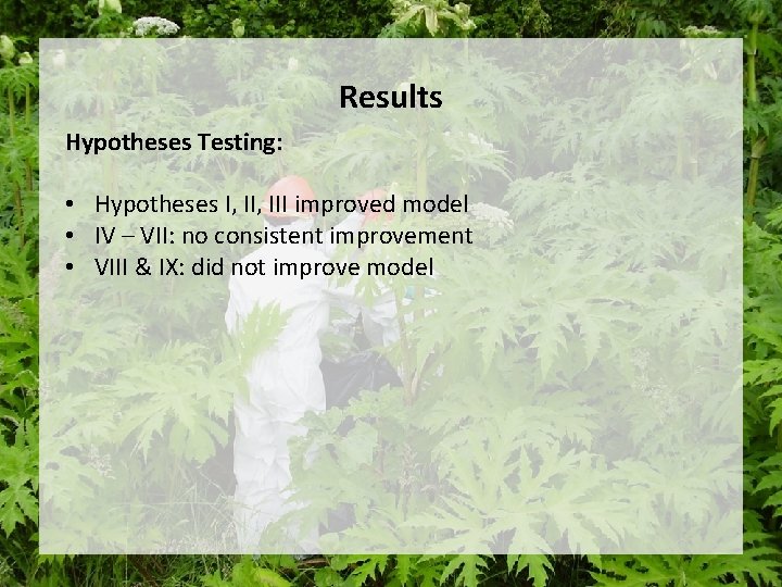 Results Hypotheses Testing: • Hypotheses I, III improved model • IV – VII: no Results Hypotheses Testing: • Hypotheses I, III improved model • IV – VII: no