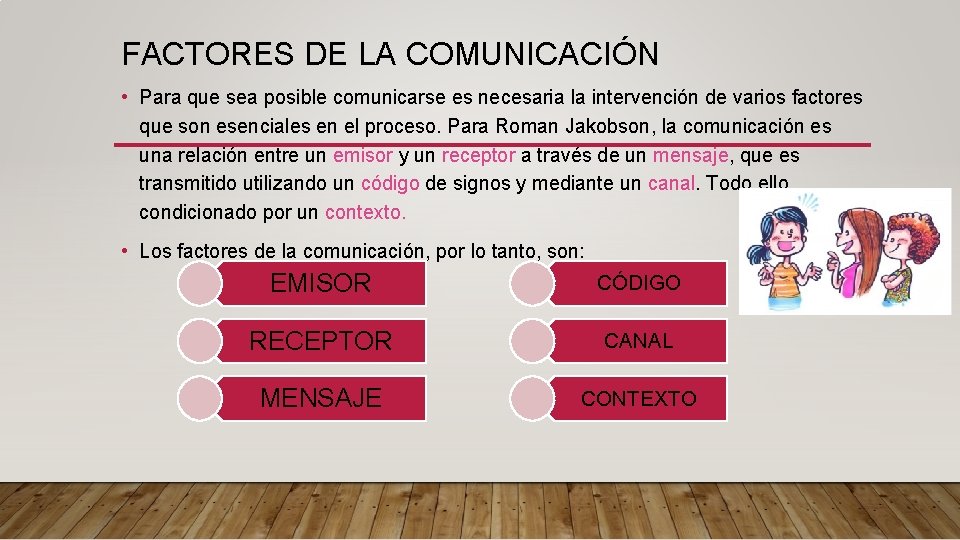 FACTORES DE LA COMUNICACIÓN • Para que sea posible comunicarse es necesaria la intervención