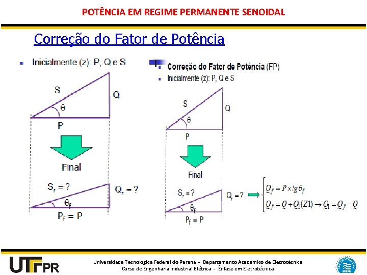 POTÊNCIA EM REGIME PERMANENTE SENOIDAL Correção do Fator de Potência Universidade Tecnológica Federal do