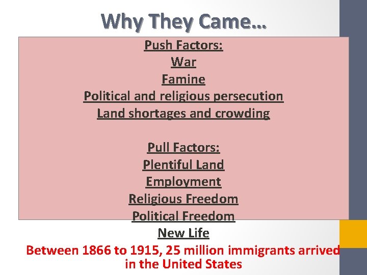 Why They Came… Push Factors: War Famine Political and religious persecution Land shortages and