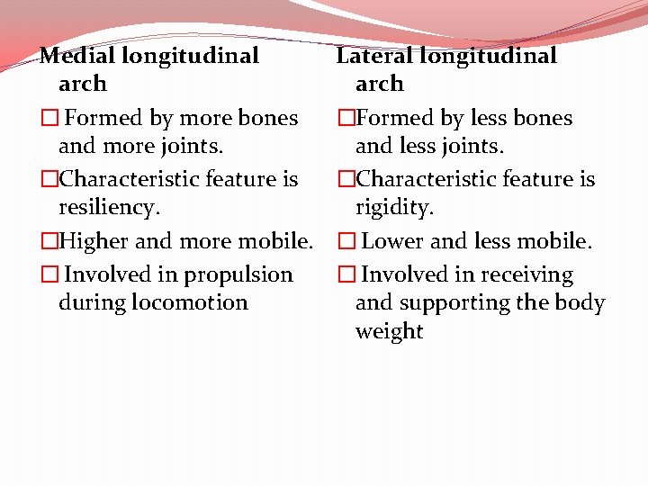 Medial longitudinal arch � Formed by more bones and more joints. �Characteristic feature is