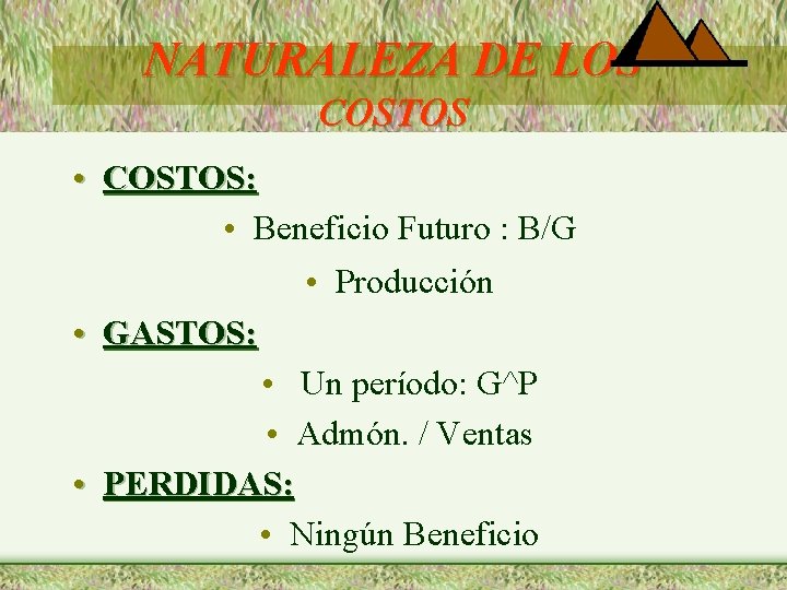 NATURALEZA DE LOS COSTOS • COSTOS: • Beneficio Futuro : B/G • Producción •