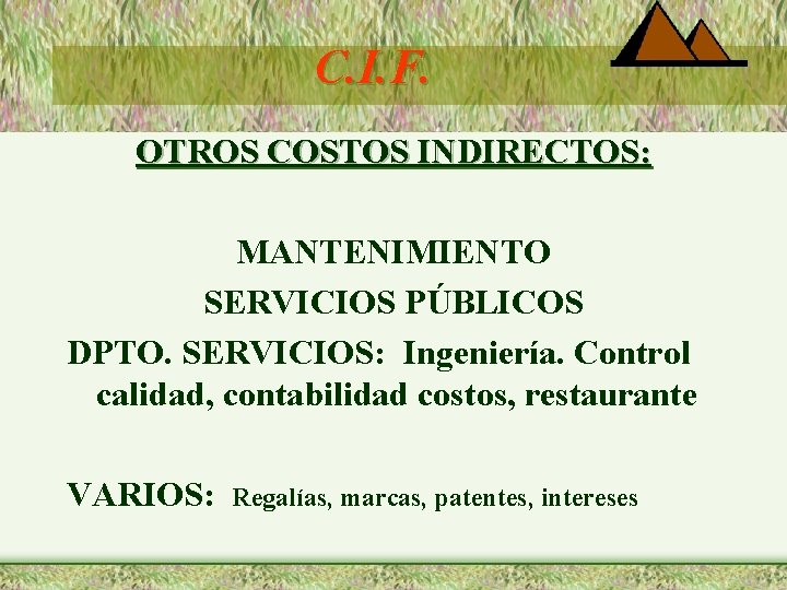 C. I. F. OTROS COSTOS INDIRECTOS: MANTENIMIENTO SERVICIOS PÚBLICOS DPTO. SERVICIOS: Ingeniería. Control calidad,