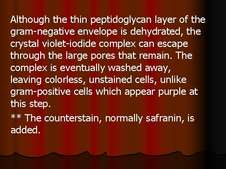 Although the thin peptidoglycan layer of the gram-negative envelope is dehydrated, the crystal violet-iodide