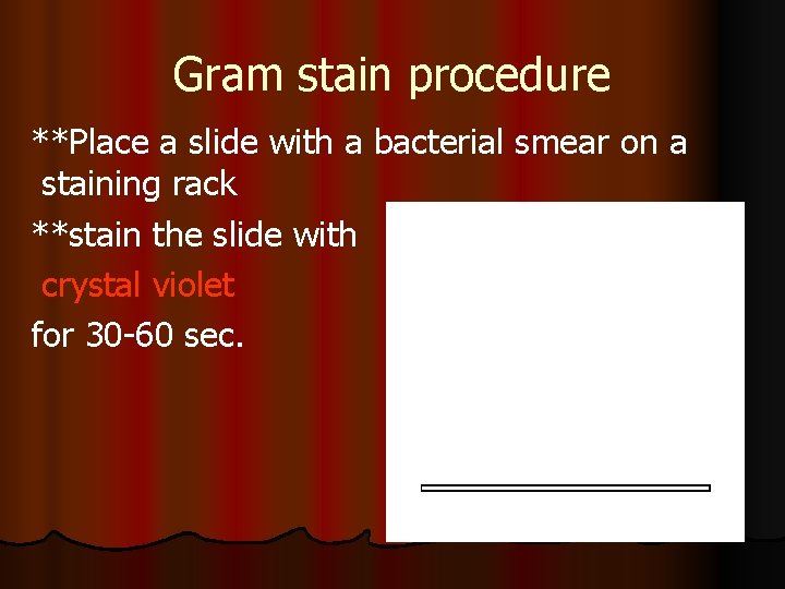 Gram stain procedure **Place a slide with a bacterial smear on a staining rack