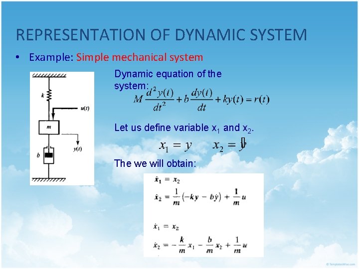 REPRESENTATION OF DYNAMIC SYSTEM • Example: Simple mechanical system Dynamic equation of the system: