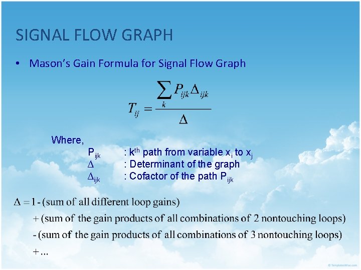 SIGNAL FLOW GRAPH • Mason’s Gain Formula for Signal Flow Graph Where, Pijk ∆