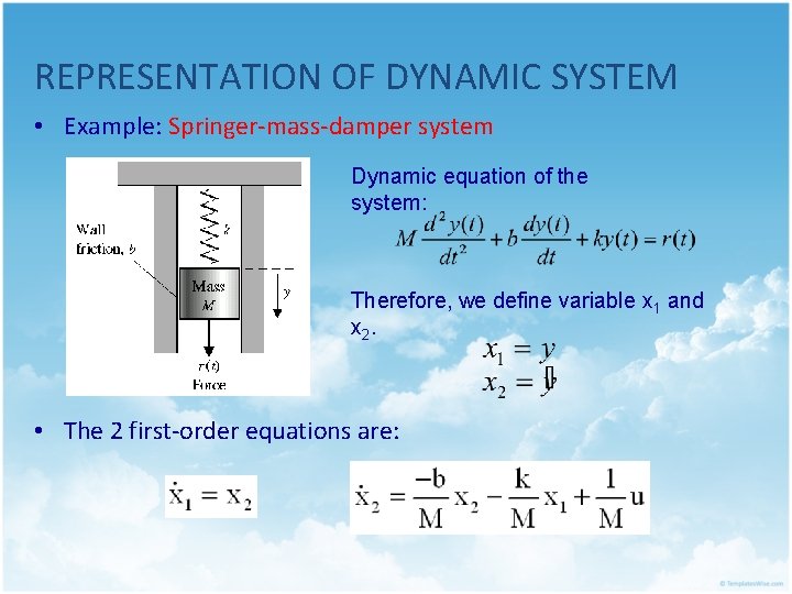 REPRESENTATION OF DYNAMIC SYSTEM • Example: Springer-mass-damper system Dynamic equation of the system: Therefore,