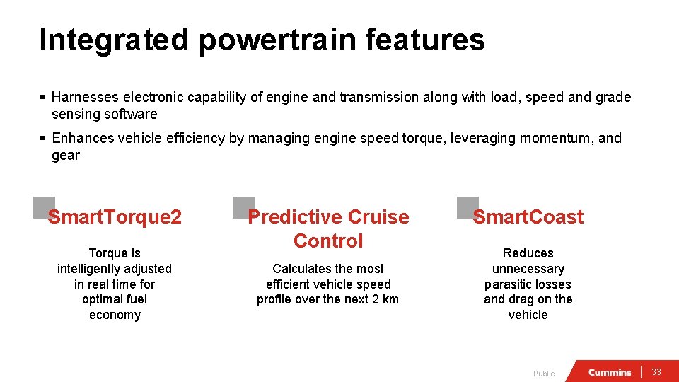 Integrated powertrain features § Harnesses electronic capability of engine and transmission along with load,