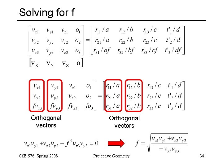Solving for f Orthogonal vectors CSE 576, Spring 2008 Orthogonal vectors Projective Geometry 34