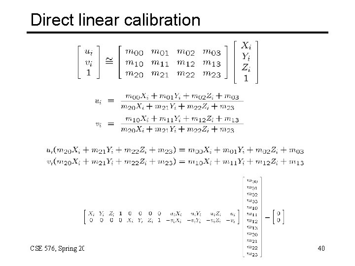 Direct linear calibration CSE 576, Spring 2008 Projective Geometry 40 