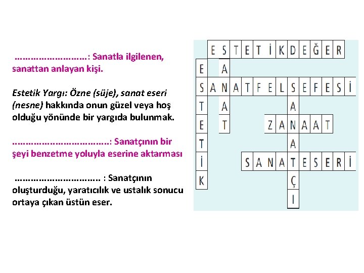 . . . . : Sanatla ilgilenen, sanattan anlayan kişi. Estetik Yargı: Özne (süje),