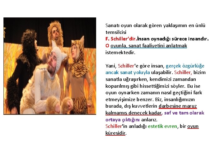 Sanatı oyun olarak gören yaklaşımın en ünlü temsilcisi F. Schiller’dir. İnsan oynadığı sürece insandır.