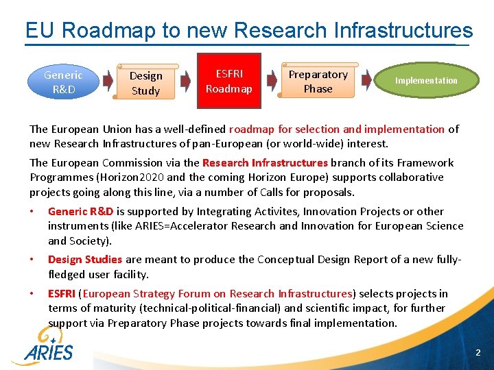 EU Roadmap to new Research Infrastructures Generic R&D Design Study ESFRI Roadmap Preparatory Phase