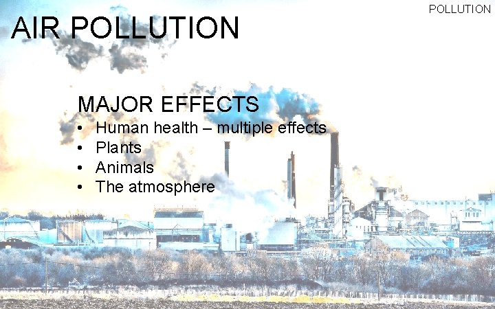 AIR POLLUTION MAJOR EFFECTS • • Human health – multiple effects Plants Animals The