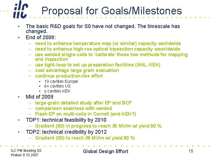 Proposal for Goals/Milestones • • The basic R&D goals for S 0 have not