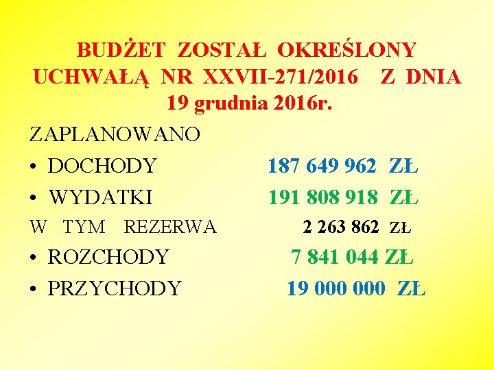 BUDŻET ZOSTAŁ OKREŚLONY UCHWAŁĄ NR XXVII-271/2016 Z DNIA 19 grudnia 2016 r. ZAPLANOWANO •