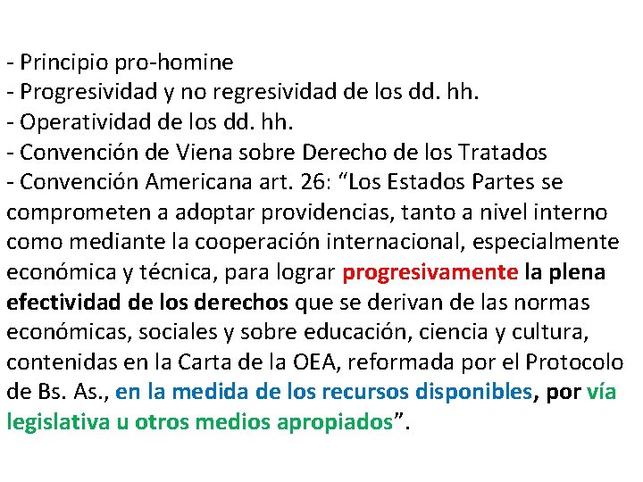 - Principio pro-homine - Progresividad y no regresividad de los dd. hh. - Operatividad