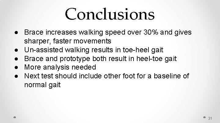 Conclusions ● Brace increases walking speed over 30% and gives sharper, faster movements ●