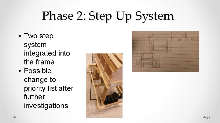 Phase 2: Step Up System • Two step system integrated into the frame •