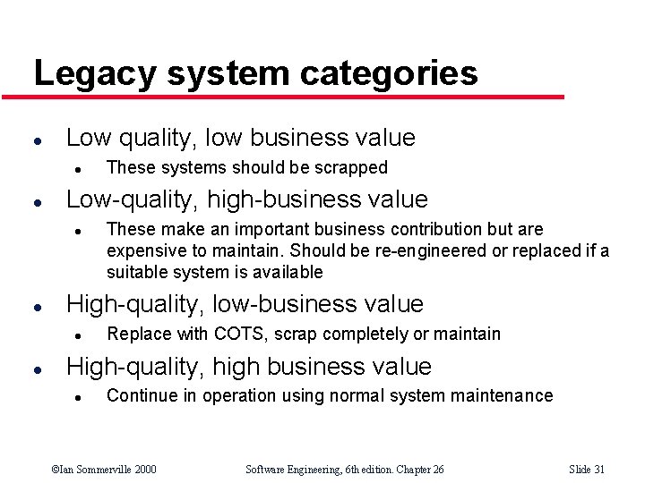 Legacy system categories l Low quality, low business value l l Low-quality, high-business value