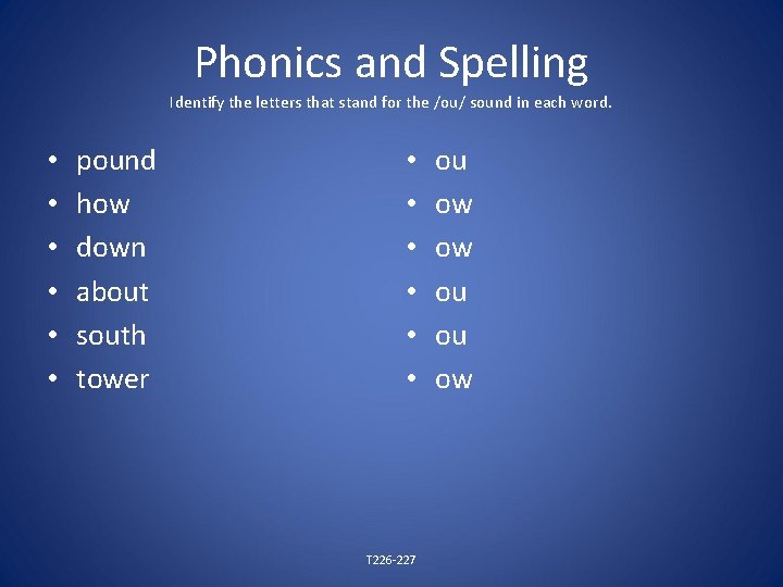 Phonics and Spelling Identify the letters that stand for the /ou/ sound in each