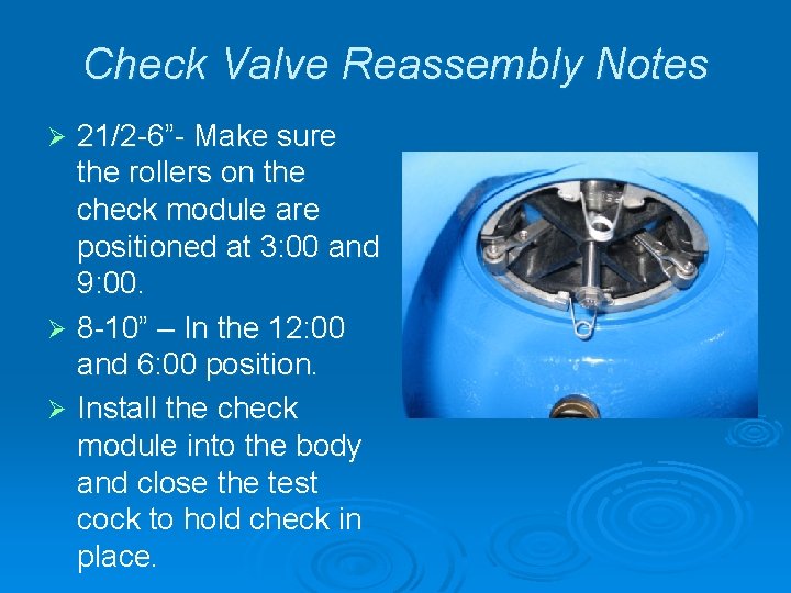 Check Valve Reassembly Notes 21/2 -6”- Make sure the rollers on the check module
