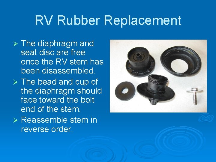 RV Rubber Replacement The diaphragm and seat disc are free once the RV stem
