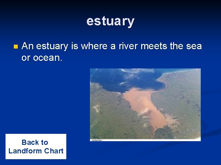 estuary n An estuary is where a river meets the sea or ocean. Back