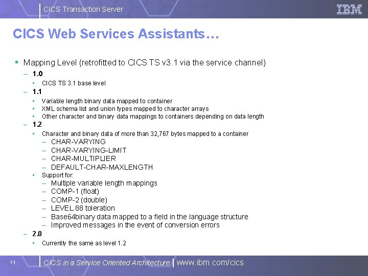 CICS Transaction Server CICS Web Services Assistants… § Mapping Level (retrofitted to CICS TS