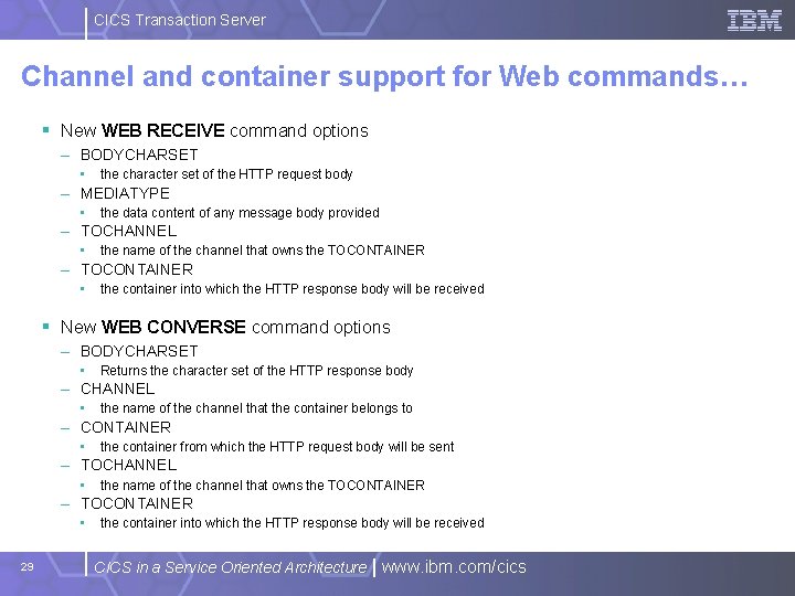 CICS Transaction Server Channel and container support for Web commands… § New WEB RECEIVE